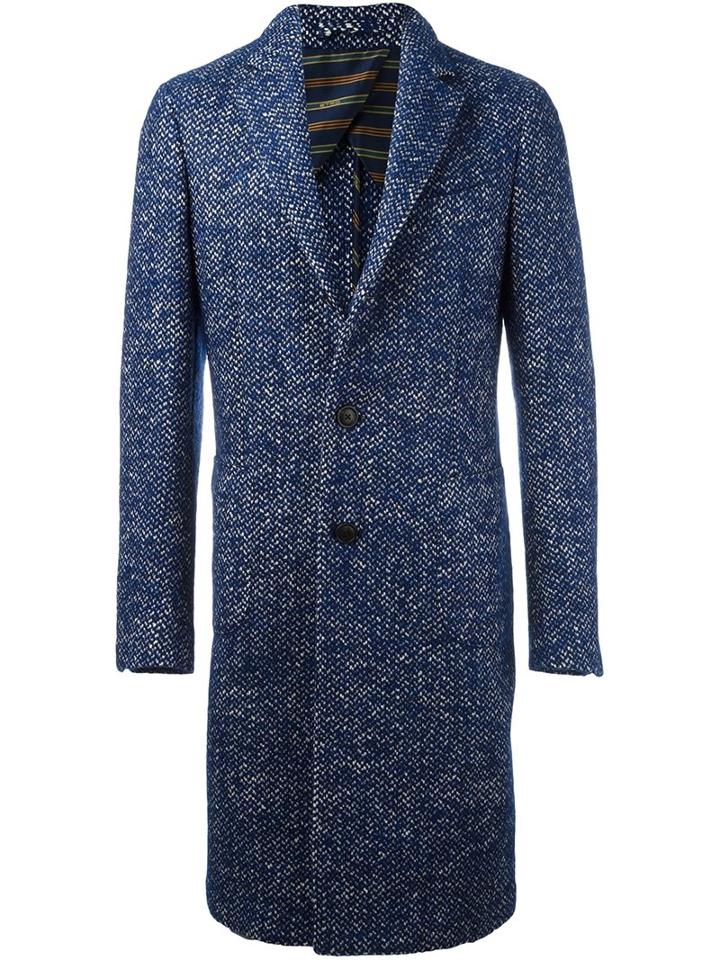 Etro Single Breasted Boucle Coat, Men's, Size: 48, Blue, Cotton/linen/flax/mohair/alpaca