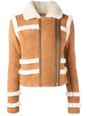 Carven Striped Detailing Biker Jacket, Women's, Size: 38, Brown, Sheep Skin/shearling