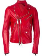 Les Hommes Double Zip Biker Jacket, Men's, Size: 50, Red, Leather/acetate