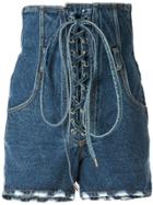 Pony Stone Lace-up Denim Shorts - Blue