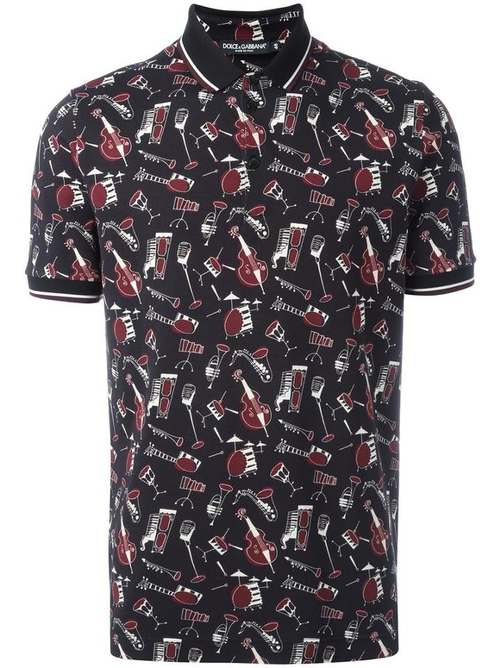 Dolce & Gabbana Musical Instrument Print Polo Shirt, Men's, Size: 48, Black, Cotton