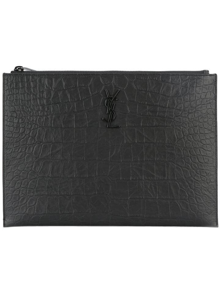 Saint Laurent Monogram Zip Pouch, Men's, Black, Leather