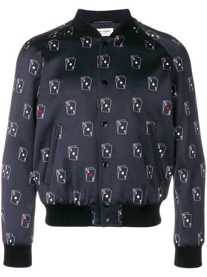 Saint Laurent Sl Playing Card Print Varsity Jacket - Blue