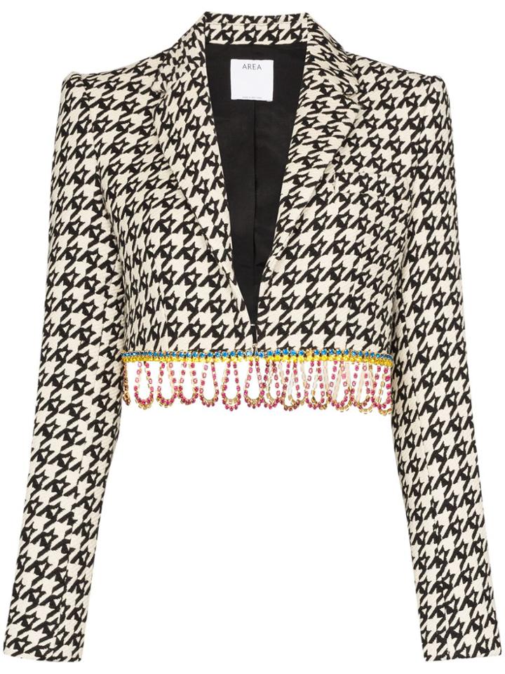 Area Crystal Trim Houndstooth Check Cropped Jacket - White