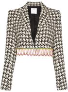 Area Crystal Trim Houndstooth Check Cropped Jacket - White