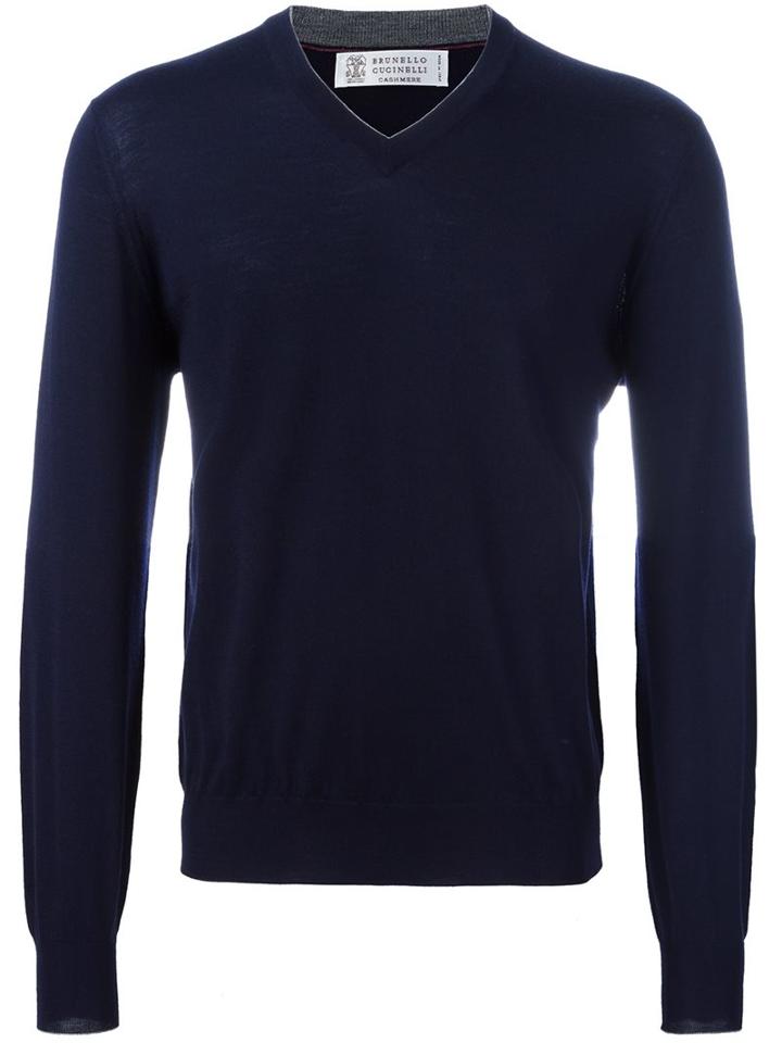 Brunello Cucinelli V-neck Jumper, Men's, Size: 56, Blue, Cashmere/wool