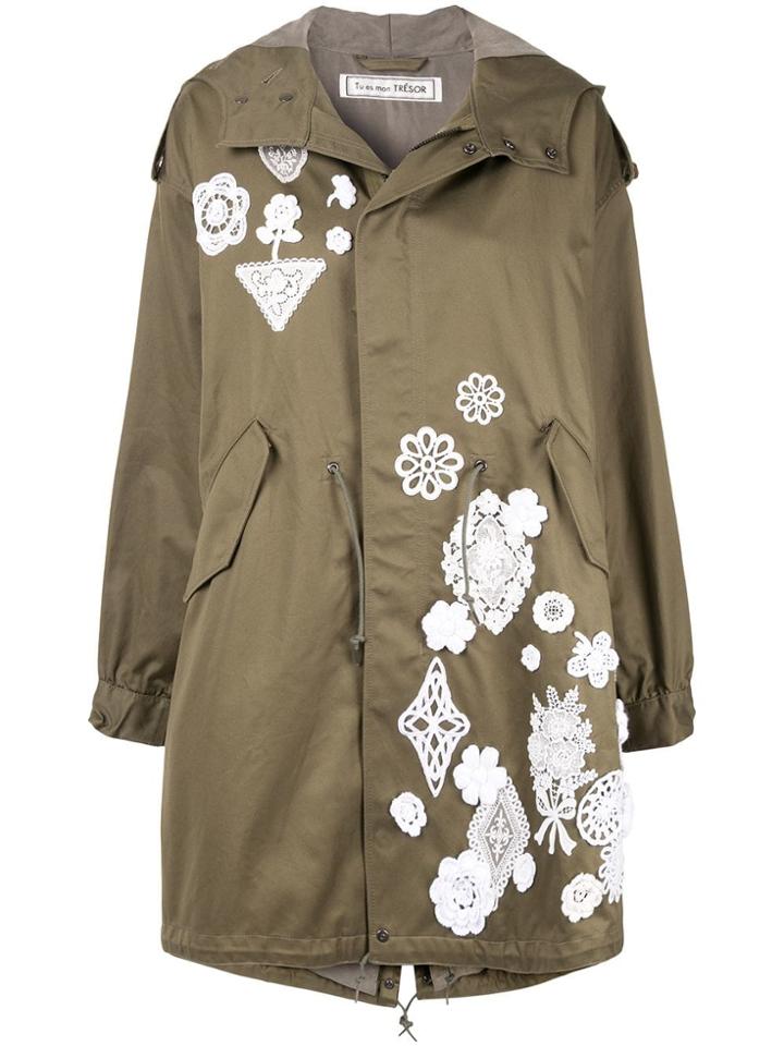 Tu Es Mon Trésor Appliqué Lace Parka - Green