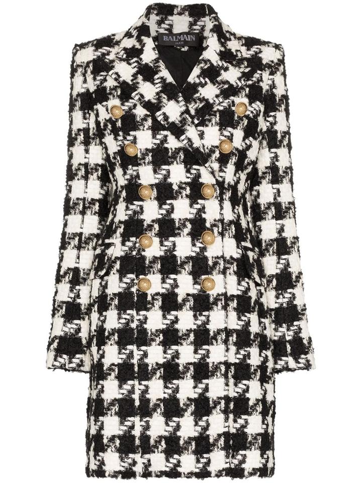 Balmain Houndstooth Double-breasted Coat - Black