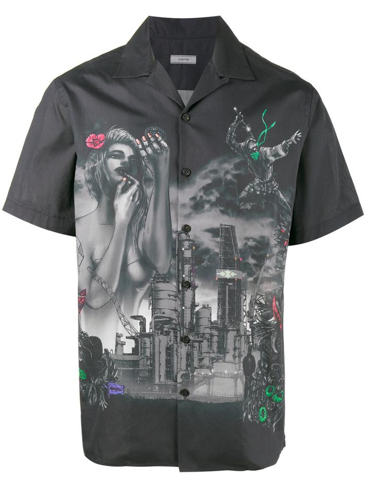Lanvin Printed Bowling Shirt, Men's, Size: 38, Black, Cotton