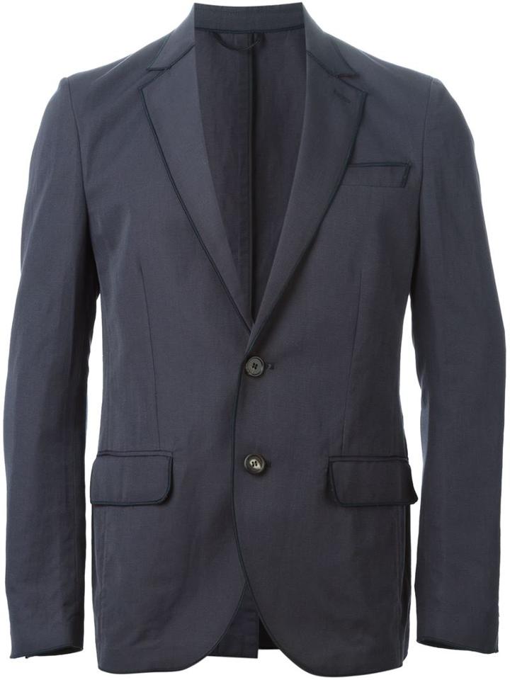 Maison Lvchino Piped Trim Blazer, Men's, Size: 52, Blue, Linen/flax/cotton/polyamide/viscose