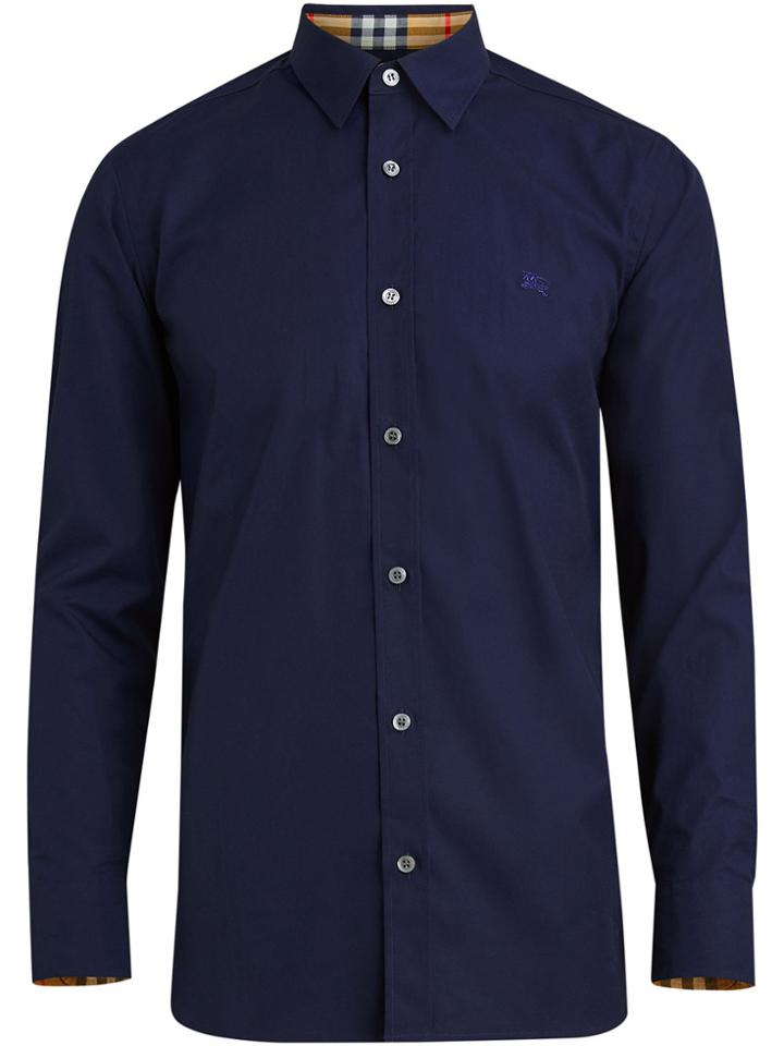 Burberry Check Cuff Stretch Cotton Poplin Shirt - Blue