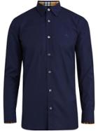 Burberry Check Cuff Stretch Cotton Poplin Shirt - Blue