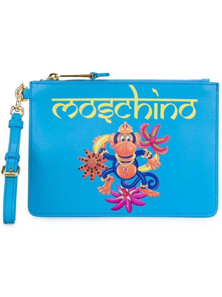 Moschino Monkey Print Clutch, Women's, Blue, Calf Leather/polyester
