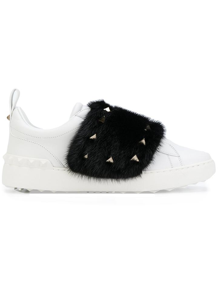 Valentino Fur And Stud Sneakers - White