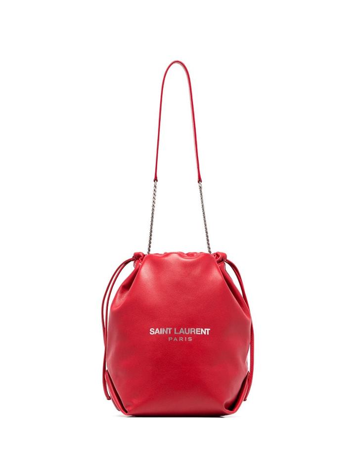 Saint Laurent Red Pochon Logo Print Leather Drawstring Shoulder Bag