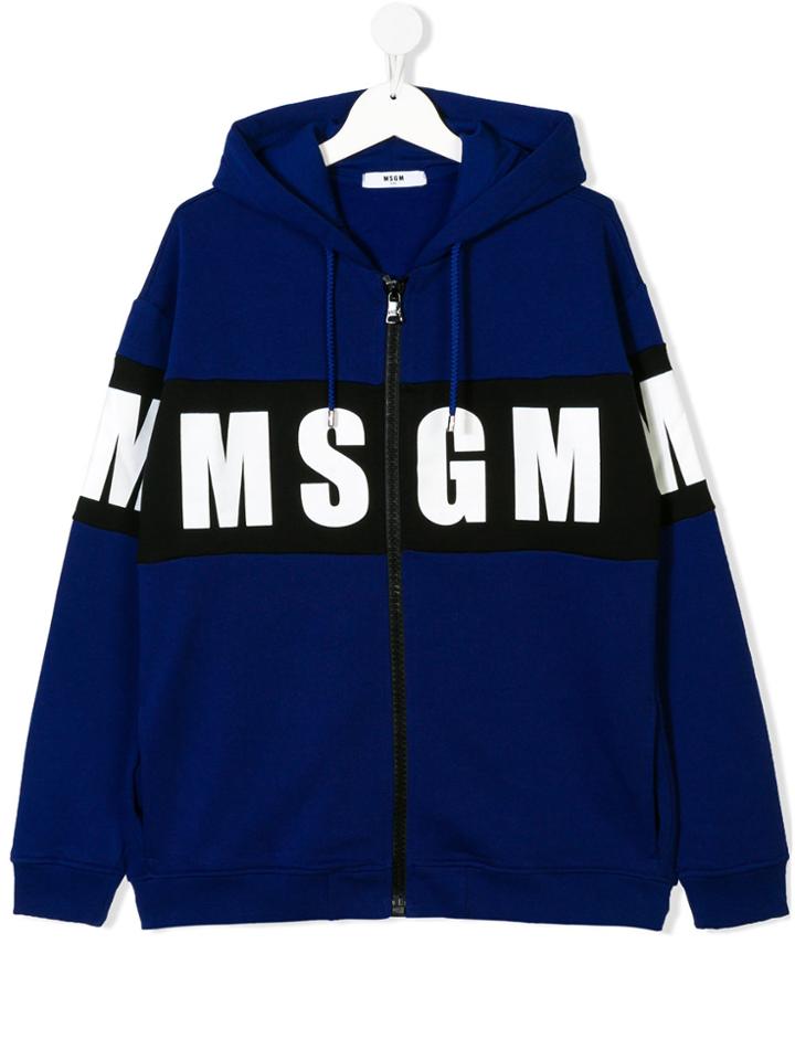 Msgm Kids Logo Tape Printed Zip Hoodie - Blue