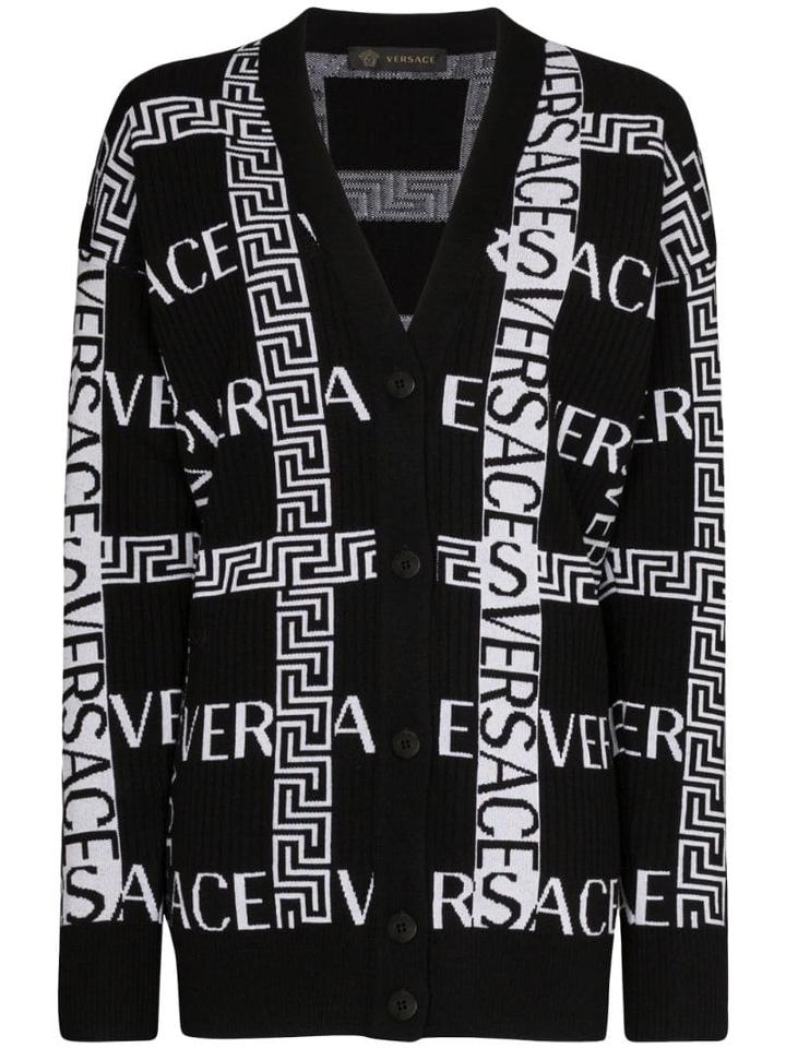 Versace Grecca Logo-intarsia Cardigan - Black