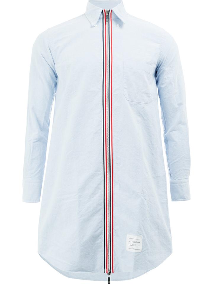 Thom Browne Thigh Length Long Sleeve Point Collar Zip Front Shirt In