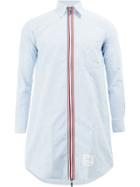 Thom Browne Thigh Length Long Sleeve Point Collar Zip Front Shirt In
