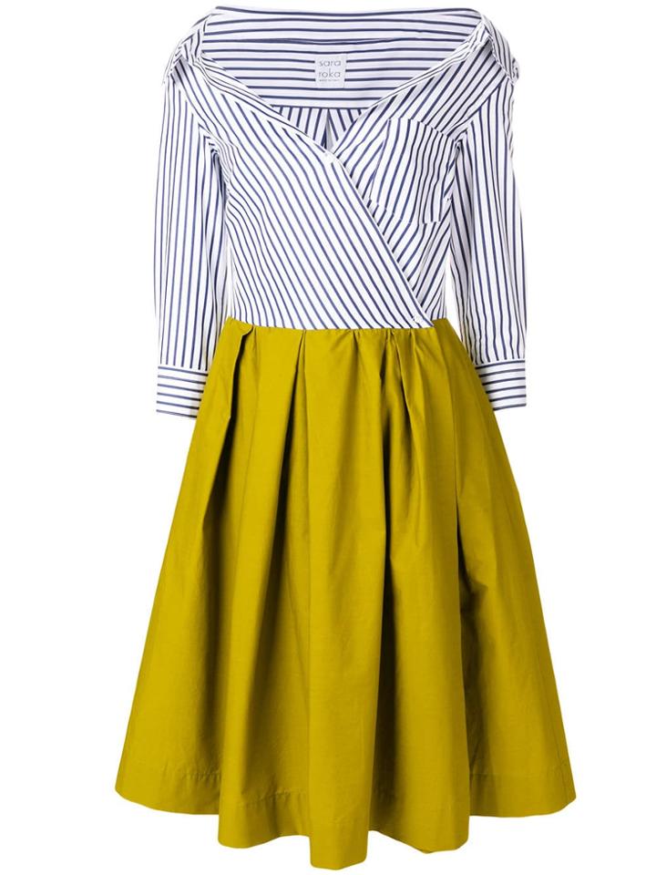 Sara Roka Contrasting Striped Bardot Dress - Green