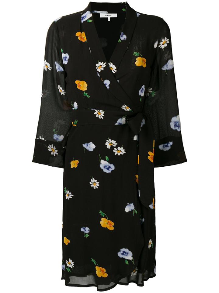 Ganni Floral Wrap Dress - Black