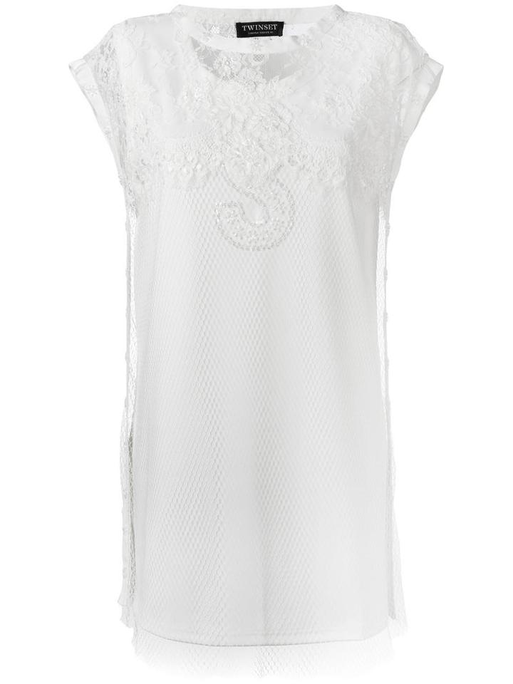 Twin-set Lace Appliqué Elongated T-shirt, Women's, Size: 44, White, Polyester/polyamide
