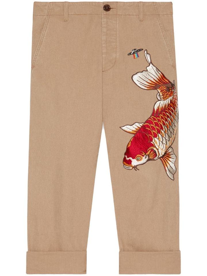Gucci Cotton Pant With Fish Appliqué - Neutrals