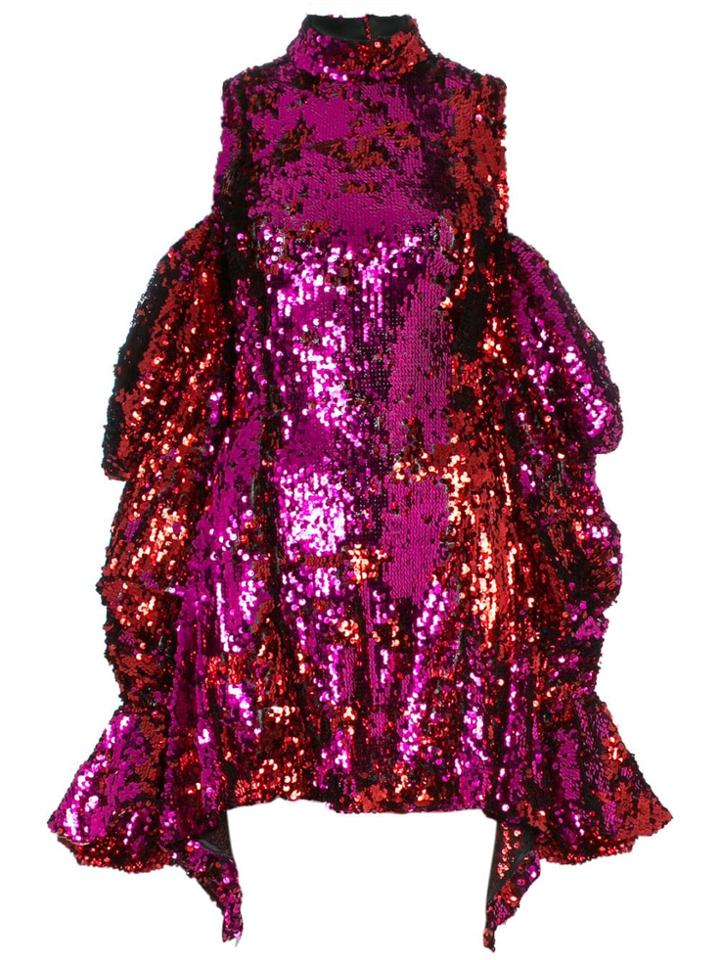 Halpern Sequin Embellished Off The Shoulder Mini Dress - Pink & Purple
