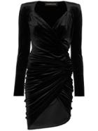 Alexandre Vauthier Gathered Velvet Mini Wrap Dress - Black