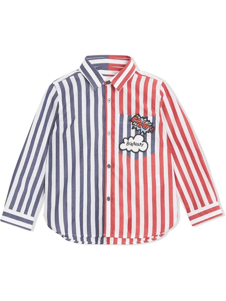 Burberry Kids Patch Detail Two-tone Striped Cotton Shirt - Blue