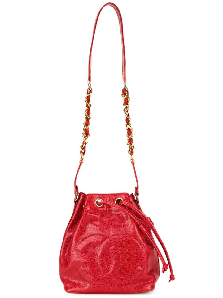 Chanel Vintage Embossed Logo Bucket Crossbody Bag - Red