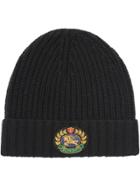Burberry Embroidered Crest Rib Knit Wool Cashmere Beanie - Black