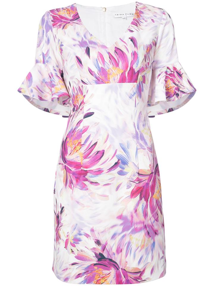 Trina Turk Floral Ruffle Sleeve Dress - Pink & Purple