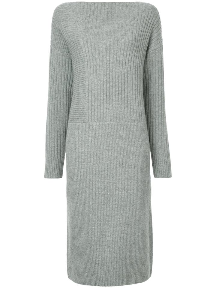 Estnation Ribbed Knit Boat Neck Sweater Dress - Grey