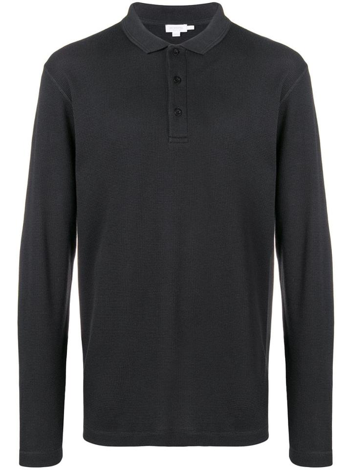 Sunspel Waffle Longsleeved Polo - Black