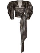 Alexandre Vauthier Striped Puffed Sleeve Waist Bow Top - Black