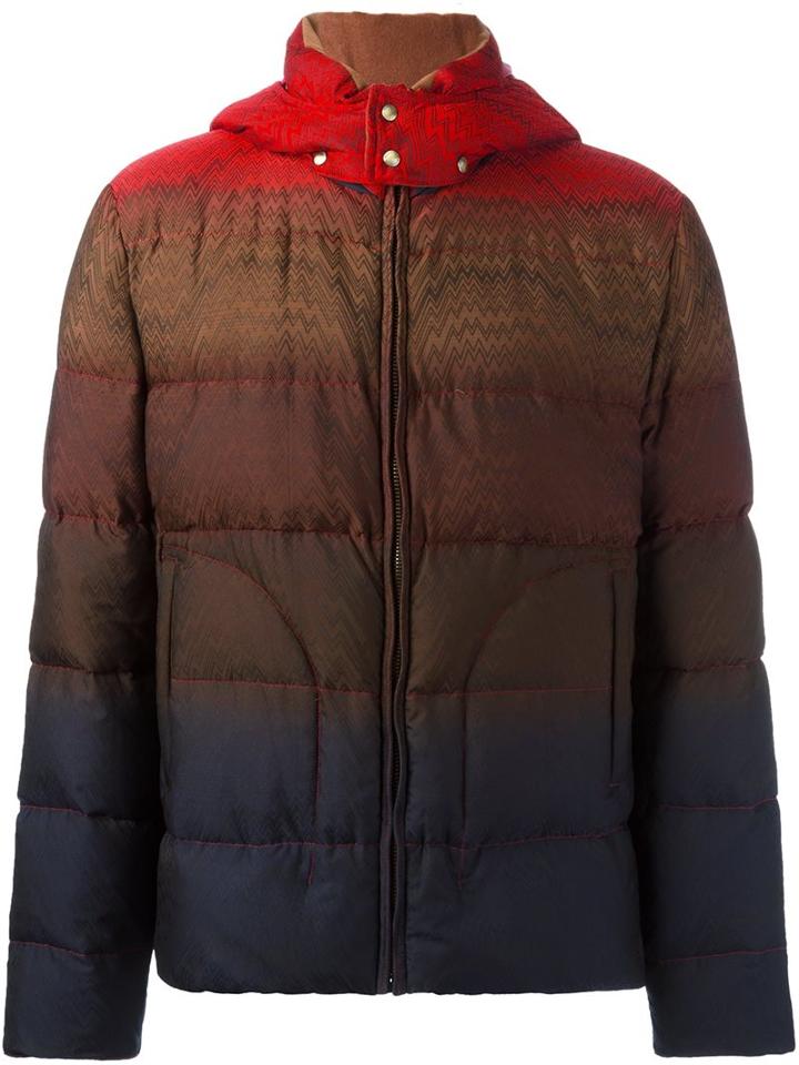 Missoni Striped Hooded Puffer Jacket, Men's, Size: Xl, Red, Feather Down/nylon/polyester