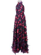 Marchesa Notte 3d Floral Halter Neck Gown - Pink & Purple