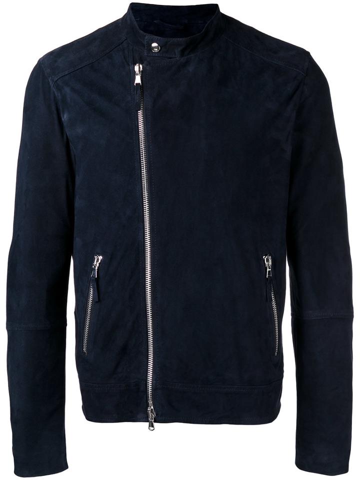 Eleventy Slim Fitting Biker Jacket With Silver Tone Hardware, Men's, Size: 52, Blue, Cotton/suede