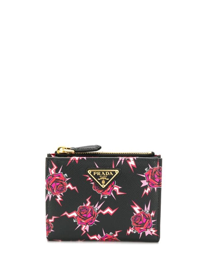 Prada Rose Print Wallet - Black