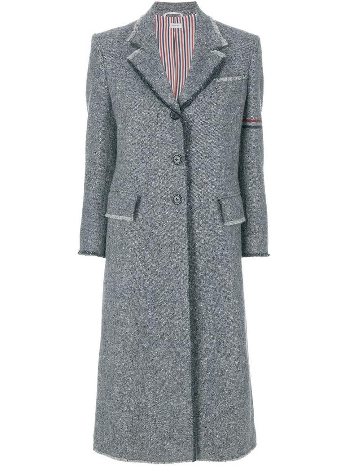 Thom Browne Striped Frayed-edge Overcoat - Grey