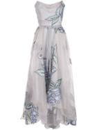 Marchesa Notte Draped Corset Embroidered Silk Organza Gown - Silver
