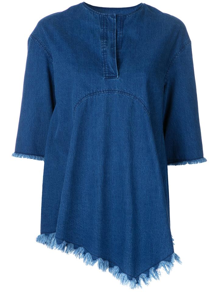 Goen.j - Fringe Detail Denim Blouse - Women - Cotton - L, Blue, Cotton