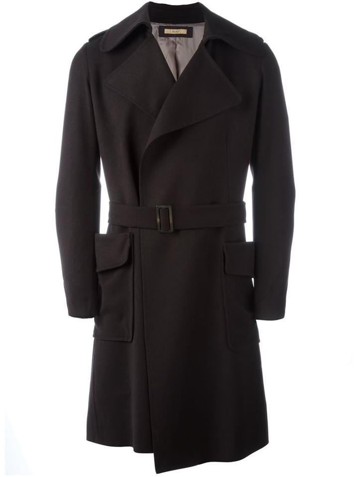 Nuur Belted Patch Pockets Coat, Men's, Size: 50, Black, Viscose/polyester/spandex/elastane