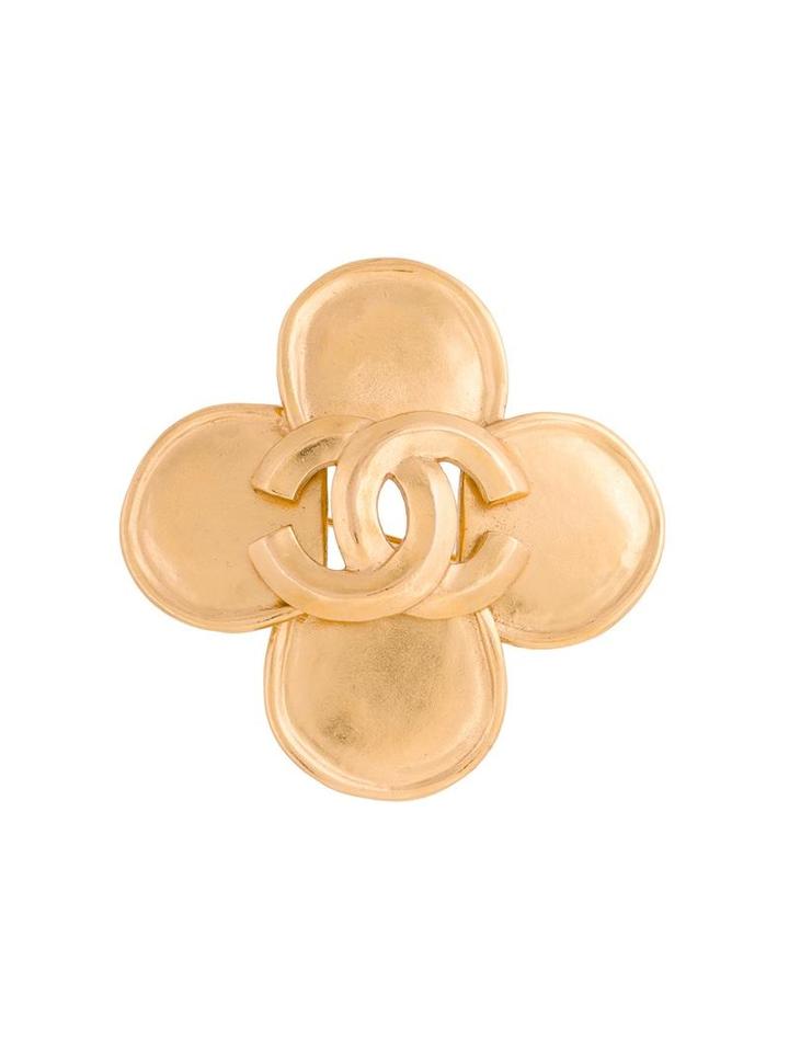 Chanel Vintage Clover Cc Mark Broach, Women's, Metallic