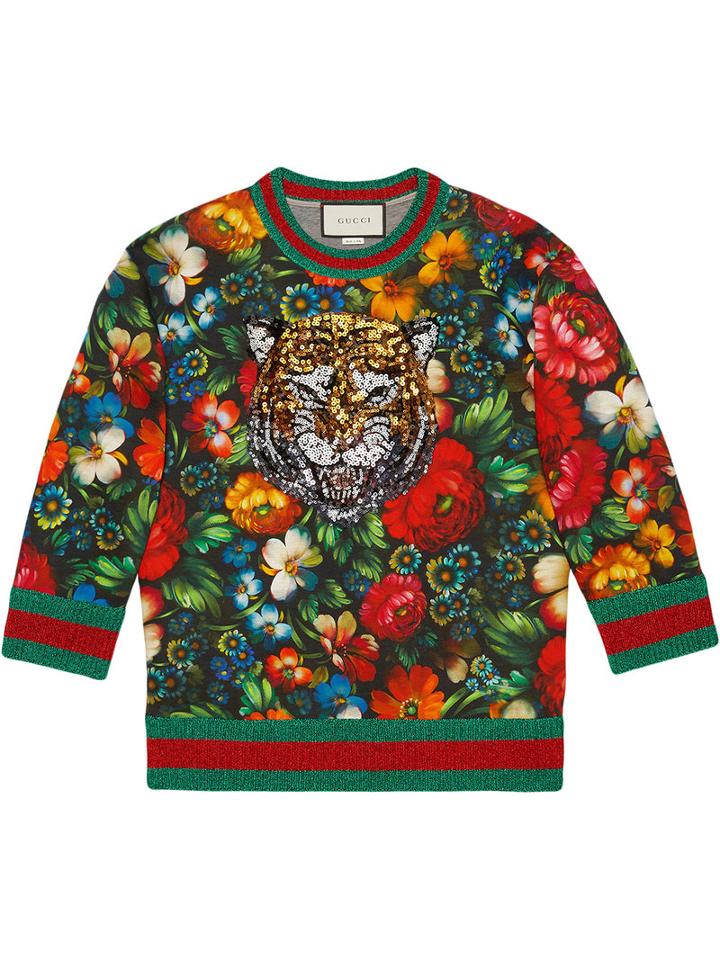 Gucci Floral Print With Tiger Sweatshirt, Women's, Size: Xs, Black, Cotton