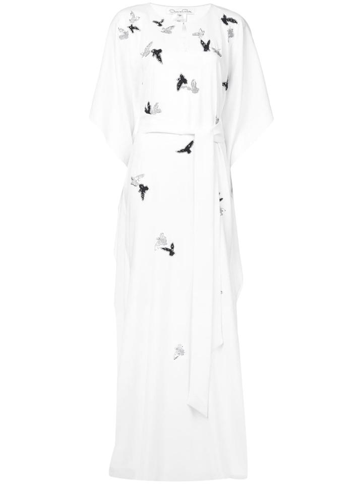 Oscar De La Renta Seagull Embroidered Cascade Sleeve Gown - White
