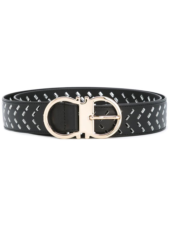Salvatore Ferragamo Laser-cut Double Gancio Belt, Men's, Size: 85, Black, Calf Leather