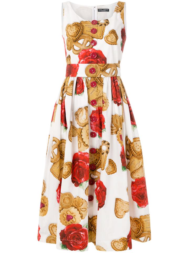 Dolce & Gabbana Rose Biscuit Print Flared Dress - White