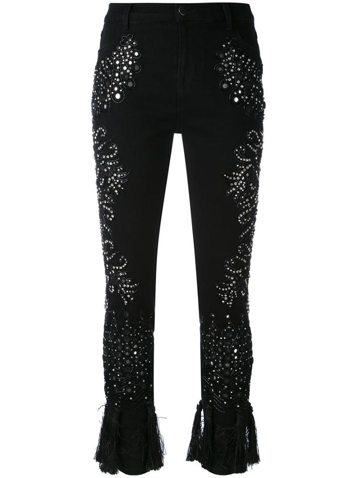 Amen - Embellished Cropped Trousers - Women - Cotton/spandex/elastane/viscose/glass - 44, Black, Cotton/spandex/elastane/viscose/glass